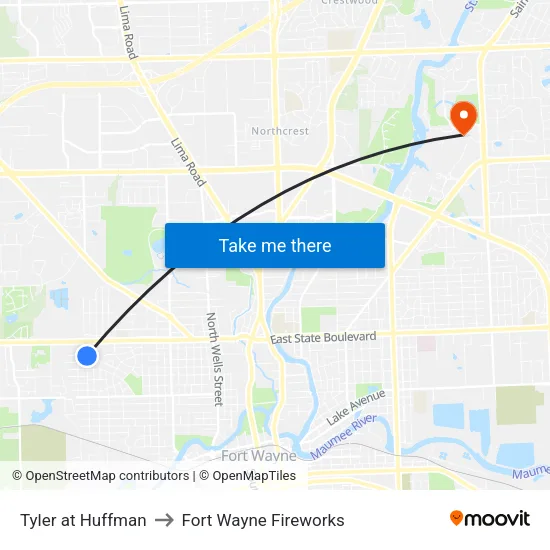 Tyler at Huffman to Fort Wayne Fireworks map