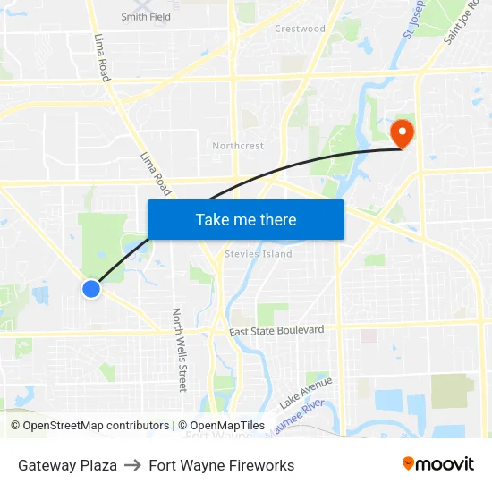 Gateway Plaza to Fort Wayne Fireworks map