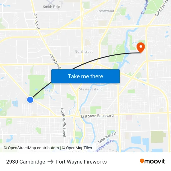 2930 Cambridge to Fort Wayne Fireworks map