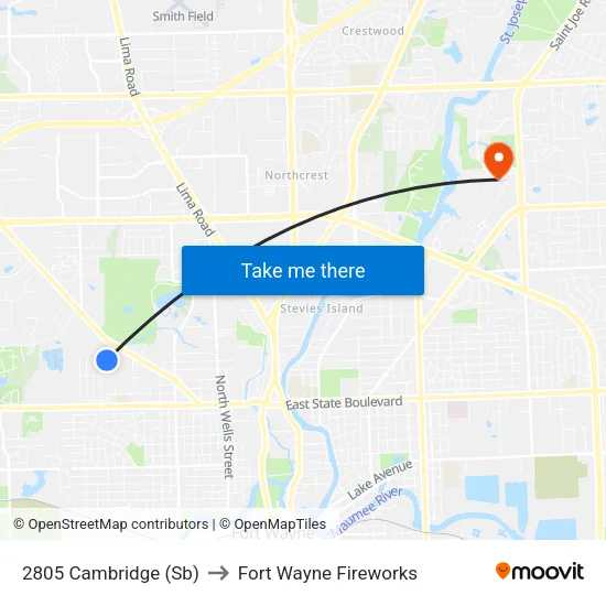 Cambridge at Trinity (Sb) to Fort Wayne Fireworks map