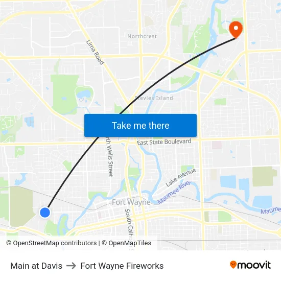 Main at Davis to Fort Wayne Fireworks map