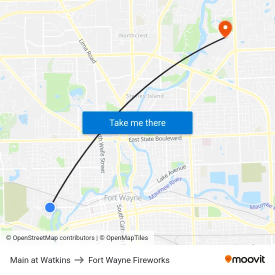 Main at Watkins to Fort Wayne Fireworks map