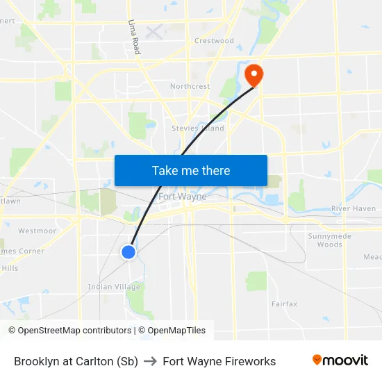 Brooklyn at Carlton (Sb) to Fort Wayne Fireworks map