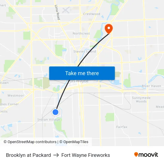 Brooklyn at Packard to Fort Wayne Fireworks map
