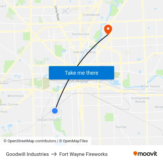 Goodwill Industries to Fort Wayne Fireworks map