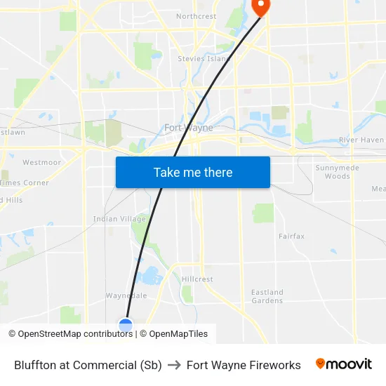 Bluffton at Commercial (Sb) to Fort Wayne Fireworks map