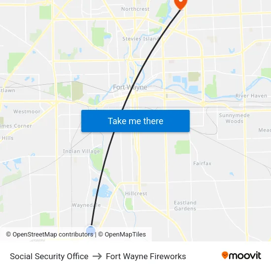 Social Security Office to Fort Wayne Fireworks map