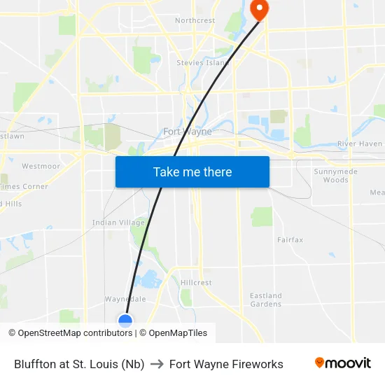 Bluffton at St. Louis (Nb) to Fort Wayne Fireworks map