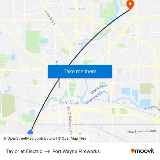 Taylor at Electric to Fort Wayne Fireworks map