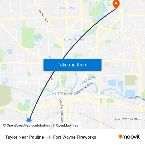 Taylor Near Pauline to Fort Wayne Fireworks map