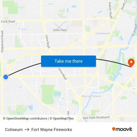 Coliseum to Fort Wayne Fireworks map