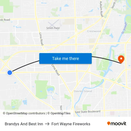 Brandys And Best Inn to Fort Wayne Fireworks map