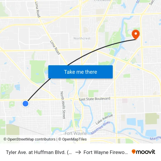 Tyler Ave. at Huffman Blvd. (Sb) to Fort Wayne Fireworks map
