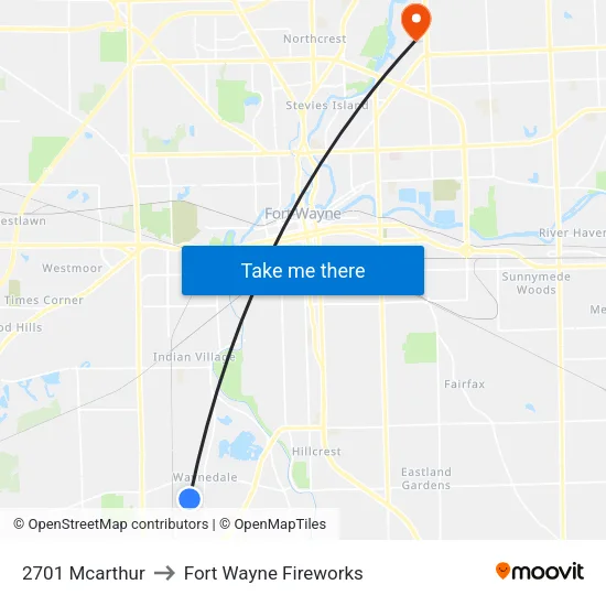 2701 Mcarthur to Fort Wayne Fireworks map