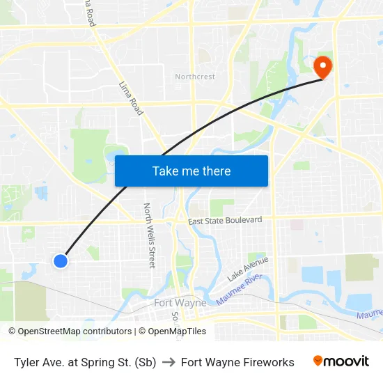Tyler Ave. at Spring St. (Sb) to Fort Wayne Fireworks map