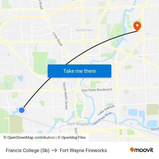 Francis College (Sb) to Fort Wayne Fireworks map