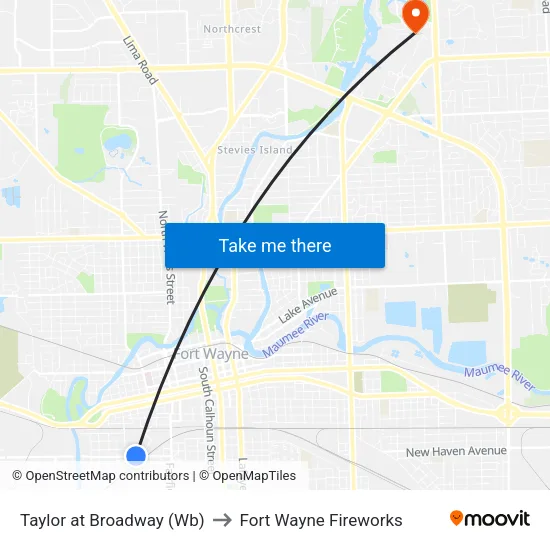 Taylor at Broadway (Wb) to Fort Wayne Fireworks map