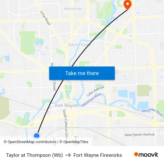 Taylor at Thompson (Wb) to Fort Wayne Fireworks map