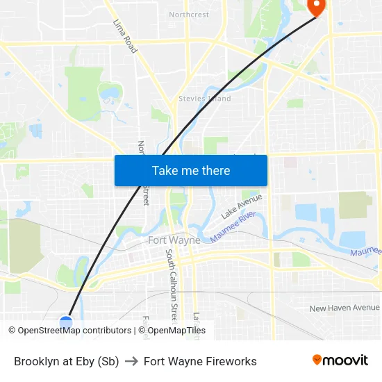Brooklyn at Eby (Sb) to Fort Wayne Fireworks map
