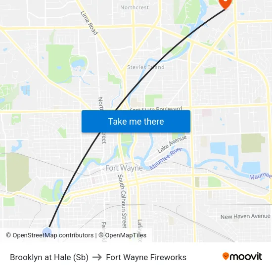 Brooklyn at Hale (Sb) to Fort Wayne Fireworks map