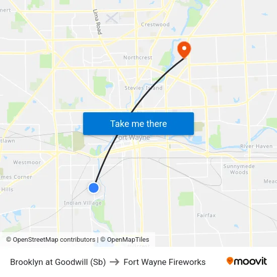 Brooklyn at Goodwill (Sb) to Fort Wayne Fireworks map