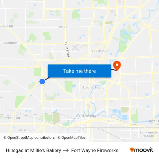 Hillegas at Millie's Bakery to Fort Wayne Fireworks map