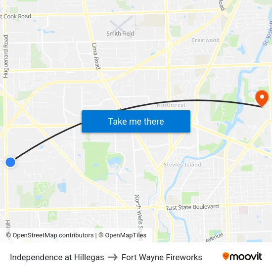 Independence at Hillegas to Fort Wayne Fireworks map