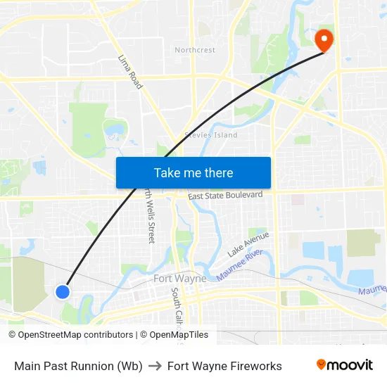 Main Past Runnion (Wb) to Fort Wayne Fireworks map