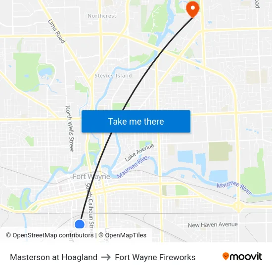 Masterson at Hoagland to Fort Wayne Fireworks map
