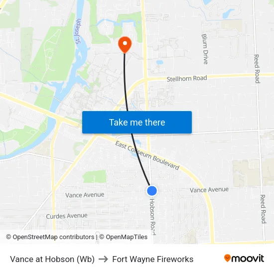 Vance at Hobson (Wb) to Fort Wayne Fireworks map