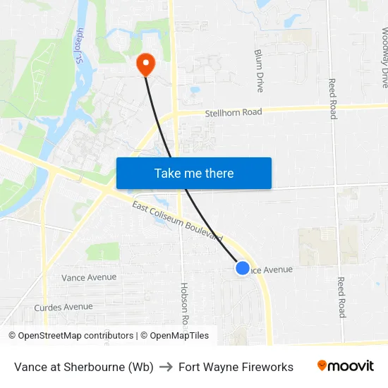 Vance at Sherbourne (Wb) to Fort Wayne Fireworks map