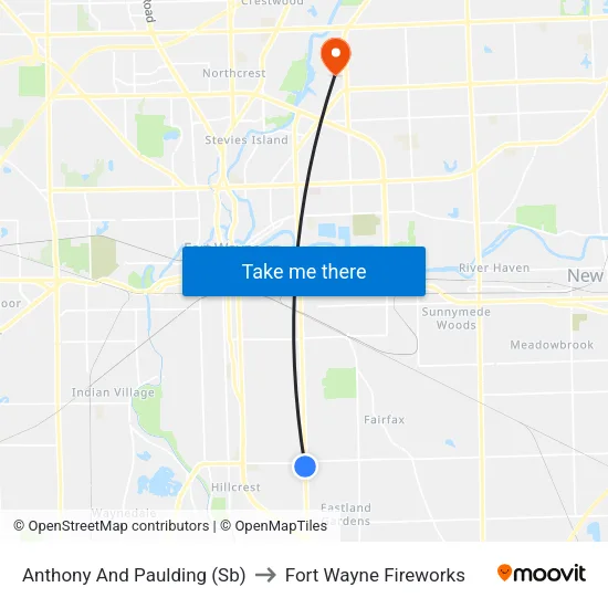 Anthony And Paulding (Sb) to Fort Wayne Fireworks map