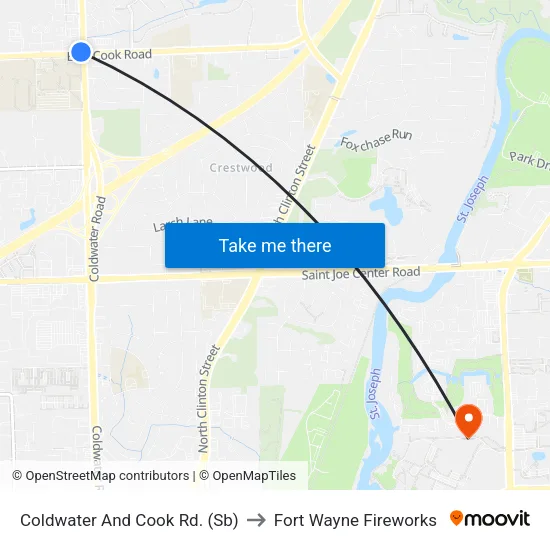 Coldwater And Cook Rd. (Sb) to Fort Wayne Fireworks map