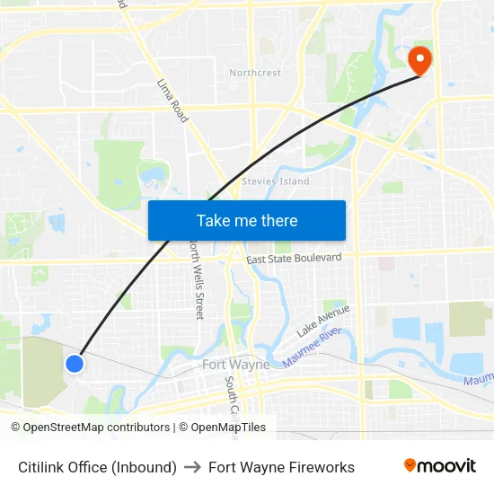 Citilink Office (Inbound) to Fort Wayne Fireworks map