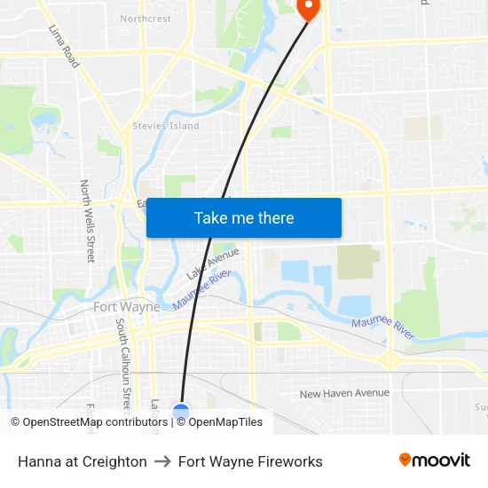Hanna Creighton Transit Center to Fort Wayne Fireworks map