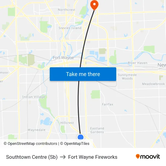 Southtown Centre (Sb) to Fort Wayne Fireworks map