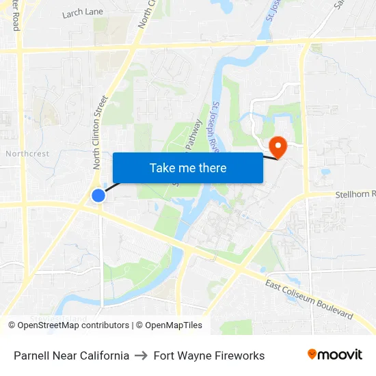 Parnell Near California to Fort Wayne Fireworks map