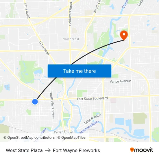 West State Plaza to Fort Wayne Fireworks map