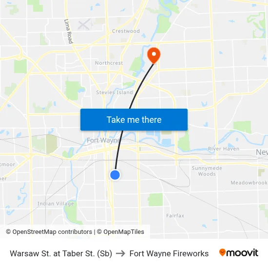 Warsaw St. at Taber St. (Sb) to Fort Wayne Fireworks map
