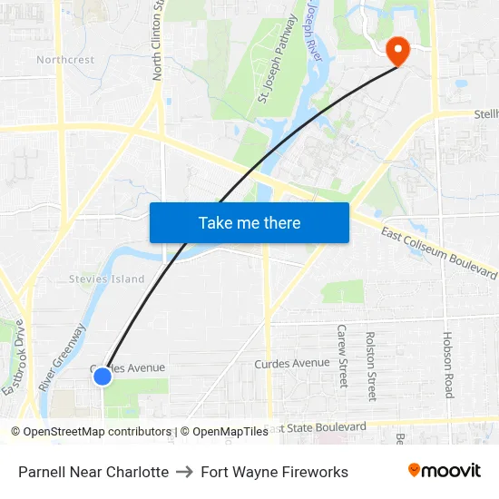 Parnell Near Charlotte to Fort Wayne Fireworks map
