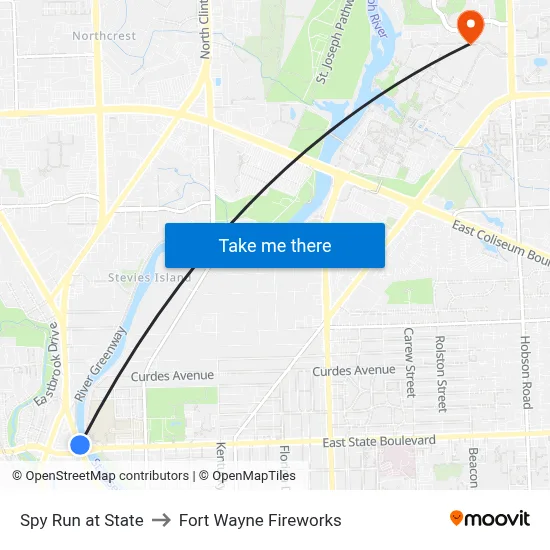 Spy Run at State to Fort Wayne Fireworks map