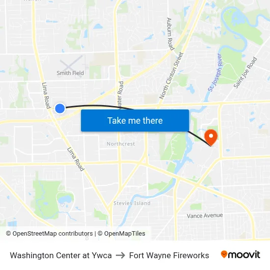 Washington Center at Ywca to Fort Wayne Fireworks map