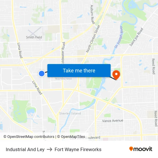 Industrial And Ley to Fort Wayne Fireworks map