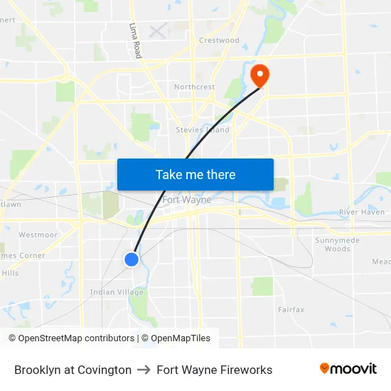 Brooklyn at Covington to Fort Wayne Fireworks map