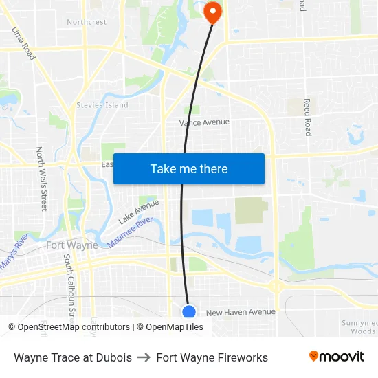 Wayne Trace at Dubois to Fort Wayne Fireworks map