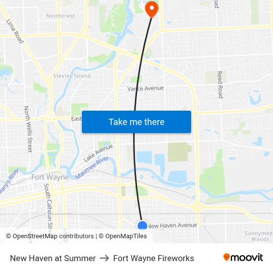 New Haven at Summer to Fort Wayne Fireworks map