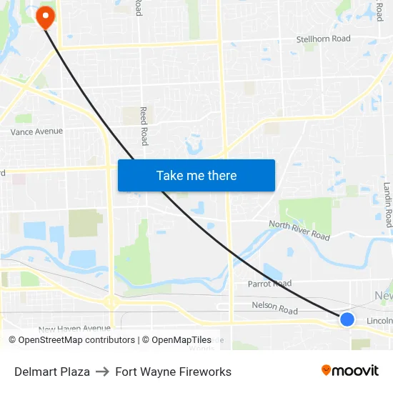 Delmart Plaza to Fort Wayne Fireworks map
