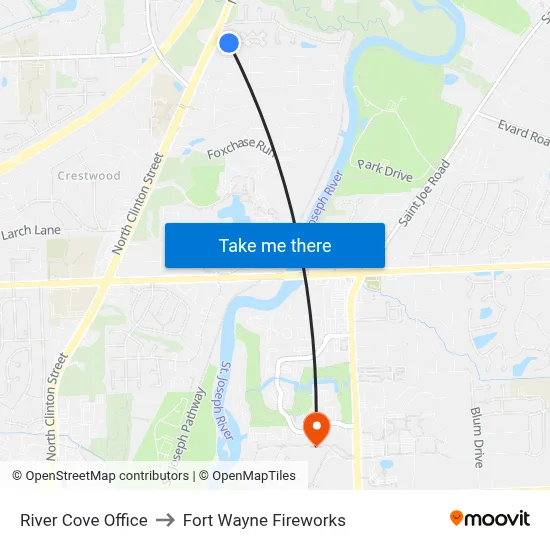River Cove Office to Fort Wayne Fireworks map