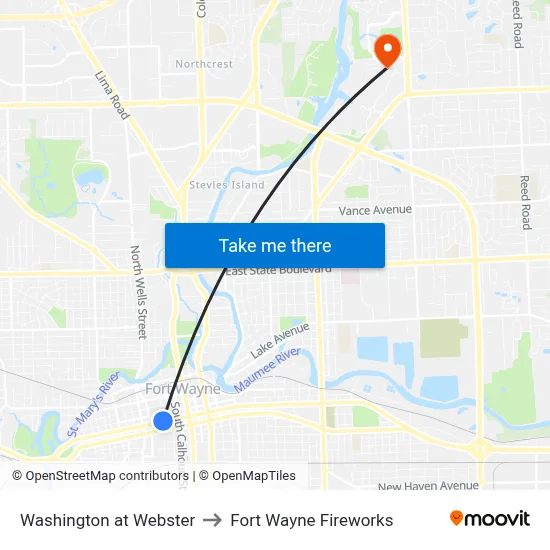 Washington at Webster to Fort Wayne Fireworks map