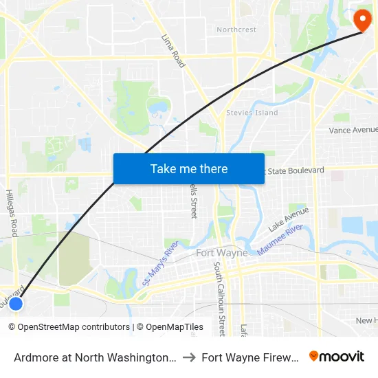 Ardmore at North Washington (Sb) to Fort Wayne Fireworks map